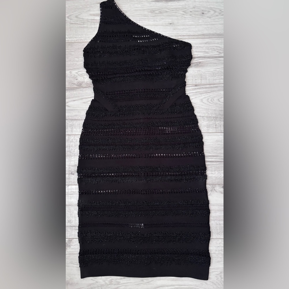 Herve Leger Beaded Crochet One-Shoulder Bodycon Bandage Dress Size Small